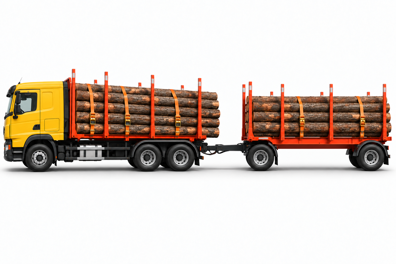 Camión forestal de cabina completa sin deflector, con madera, eslingas y carro a tiro con ejes separados